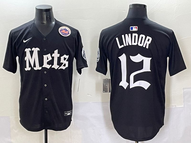 Men 2025 New York Mets #12 Lindor Black Five generations Joint Name Nike MLB Jersey style 11->new york mets->MLB Jersey